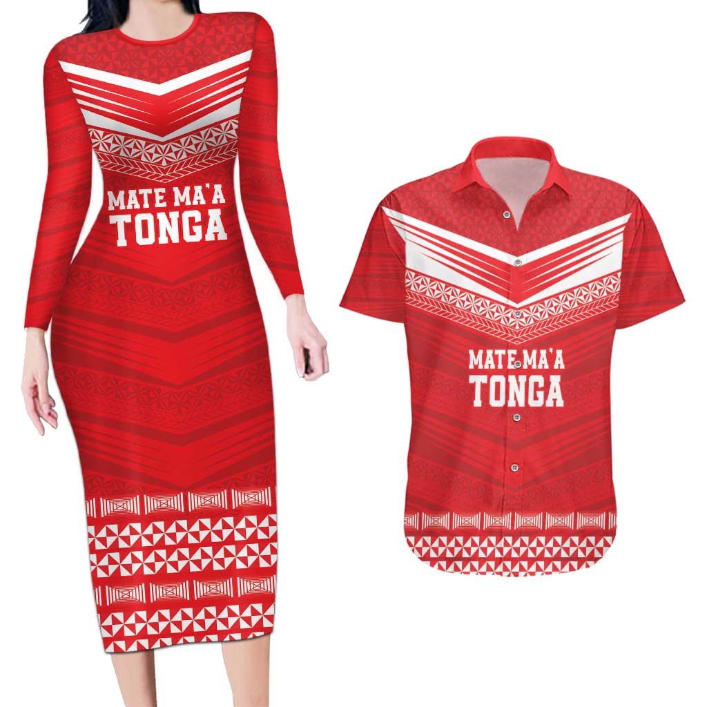 Custom Mate Ma'a Tonga Heritage Couples Matching Long Sleeve Bodycon Dress and Hawaiian Shirt Pacific Tribal Rugby Red Edition - Polynesian Pride