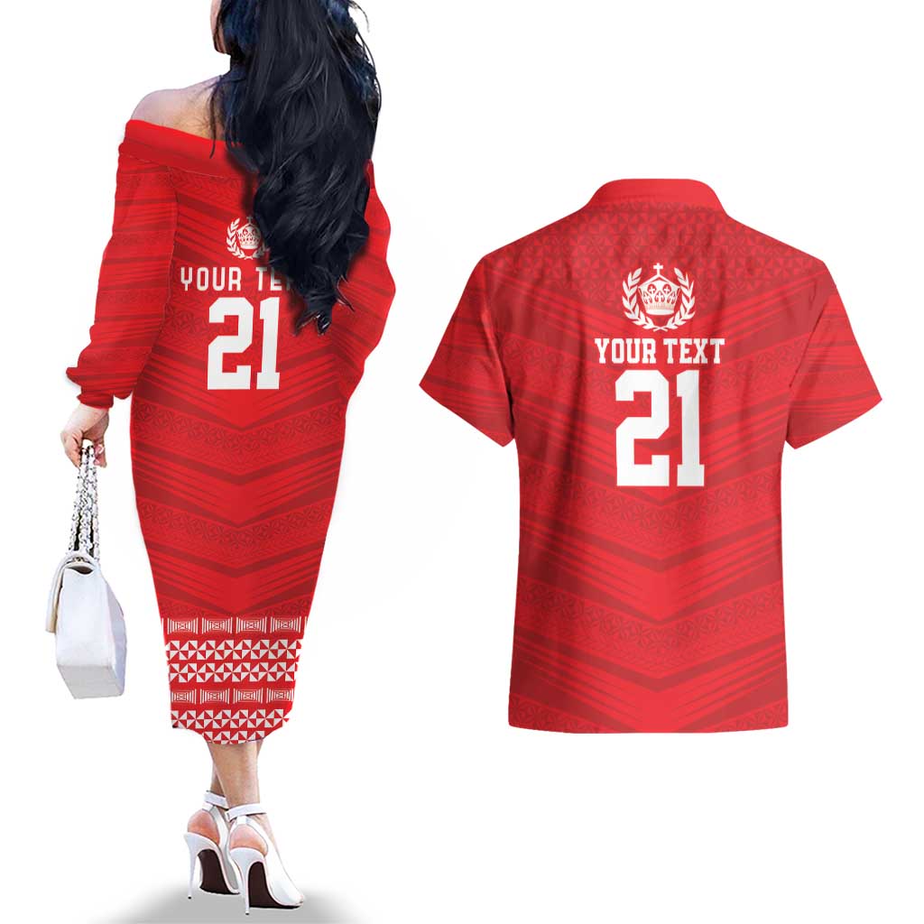 Custom Mate Ma'a Tonga Heritage Couples Matching Off The Shoulder Long Sleeve Dress and Hawaiian Shirt Pacific Tribal Rugby Red Edition - Polynesian Pride
