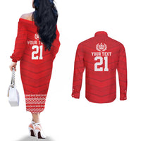 Custom Mate Ma'a Tonga Heritage Couples Matching Off The Shoulder Long Sleeve Dress and Long Sleeve Button Shirt Pacific Tribal Rugby Red Edition - Polynesian Pride