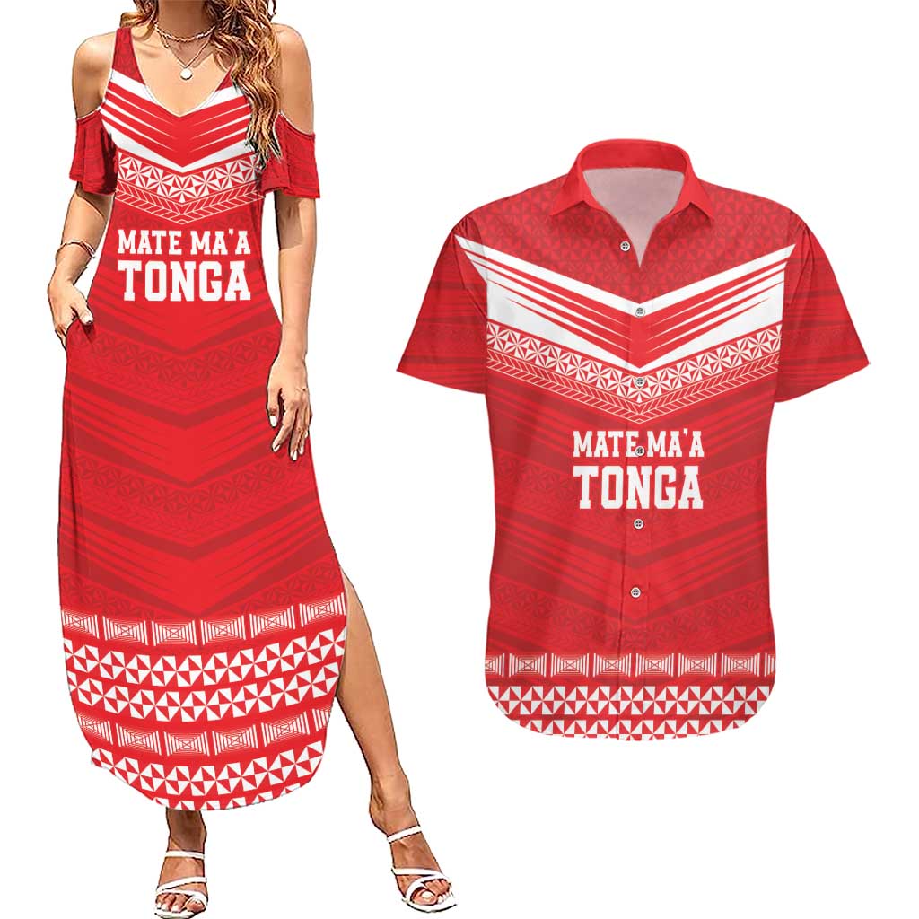 Custom Mate Ma'a Tonga Heritage Couples Matching Summer Maxi Dress and Hawaiian Shirt Pacific Tribal Rugby Red Edition - Polynesian Pride