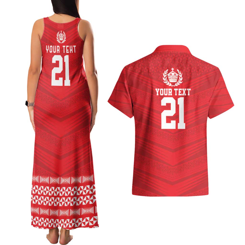 Custom Mate Ma'a Tonga Heritage Couples Matching Tank Maxi Dress and Hawaiian Shirt Pacific Tribal Rugby Red Edition - Polynesian Pride