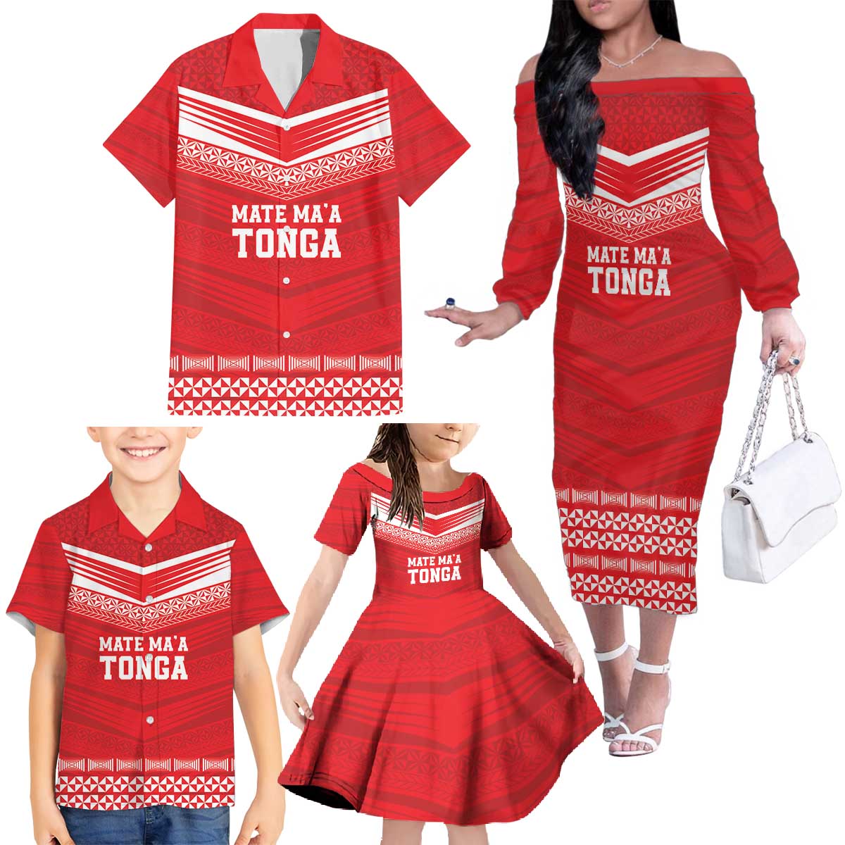 Custom Mate Ma'a Tonga Heritage Family Matching Off The Shoulder Long Sleeve Dress and Hawaiian Shirt Pacific Tribal Rugby Red Edition - Polynesian Pride