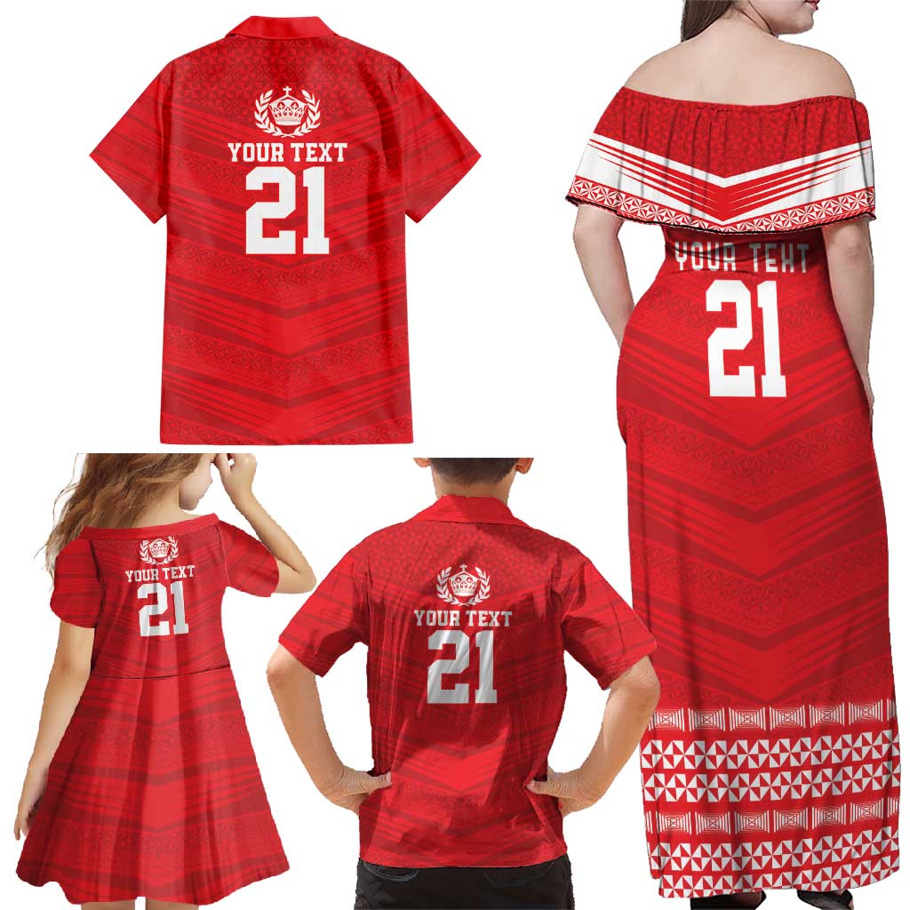 Custom Mate Ma'a Tonga Heritage Family Matching Off Shoulder Maxi Dress and Hawaiian Shirt Pacific Tribal Rugby Red Edition - Polynesian Pride
