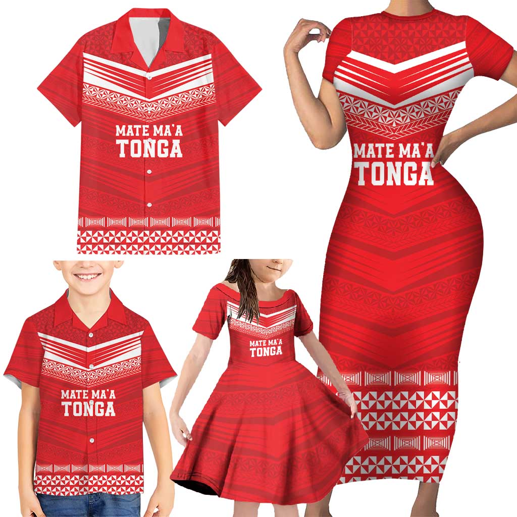 Custom Mate Ma'a Tonga Heritage Family Matching Short Sleeve Bodycon Dress and Hawaiian Shirt Pacific Tribal Rugby Red Edition - Polynesian Pride