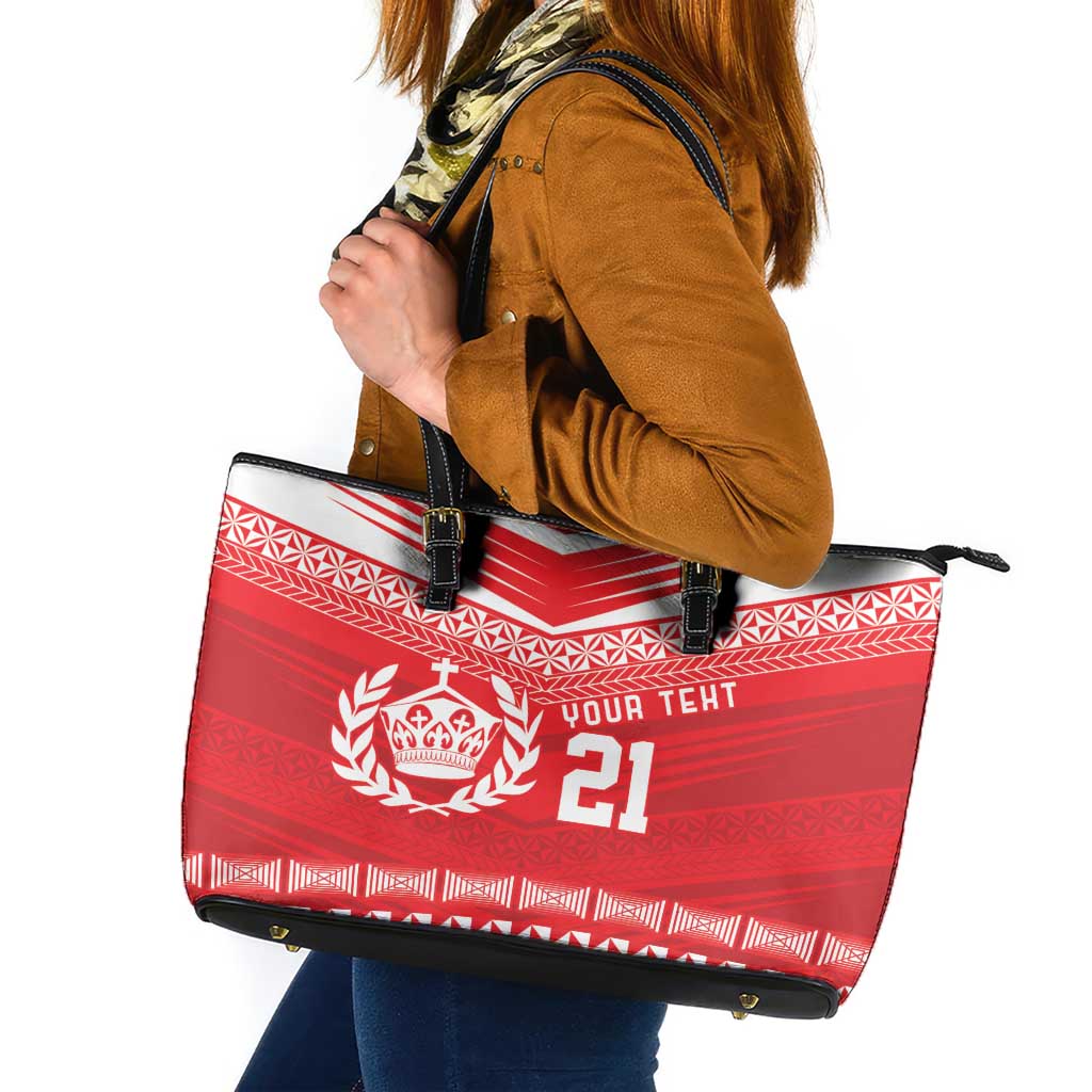 Custom Mate Ma'a Tonga Heritage Leather Tote Bag Pacific Tribal Rugby Red Edition - Polynesian Pride