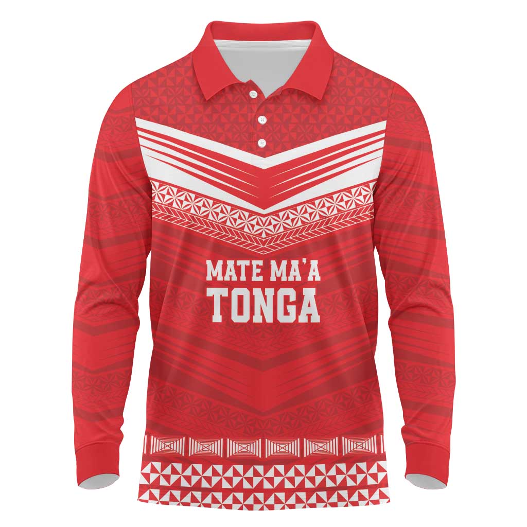 Custom Mate Ma'a Tonga Heritage Long Sleeve Polo Shirt Pacific Tribal Rugby Red Edition LT9 Red - Polynesian Pride