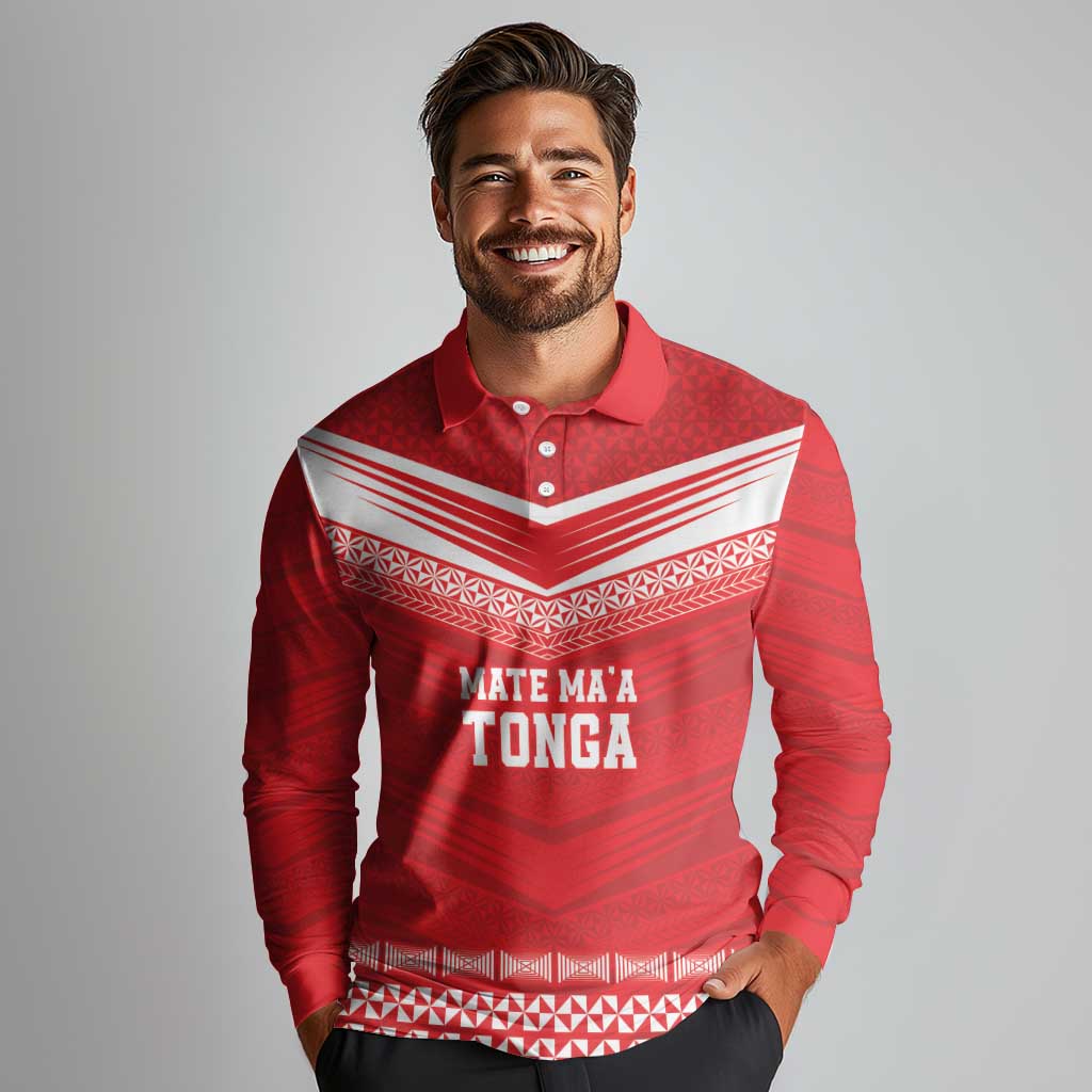 Custom Mate Ma'a Tonga Heritage Long Sleeve Polo Shirt Pacific Tribal Rugby Red Edition LT9 - Polynesian Pride