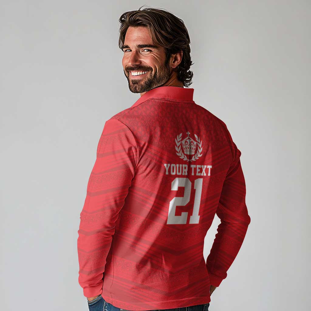 Custom Mate Ma'a Tonga Heritage Long Sleeve Polo Shirt Pacific Tribal Rugby Red Edition LT9 - Polynesian Pride