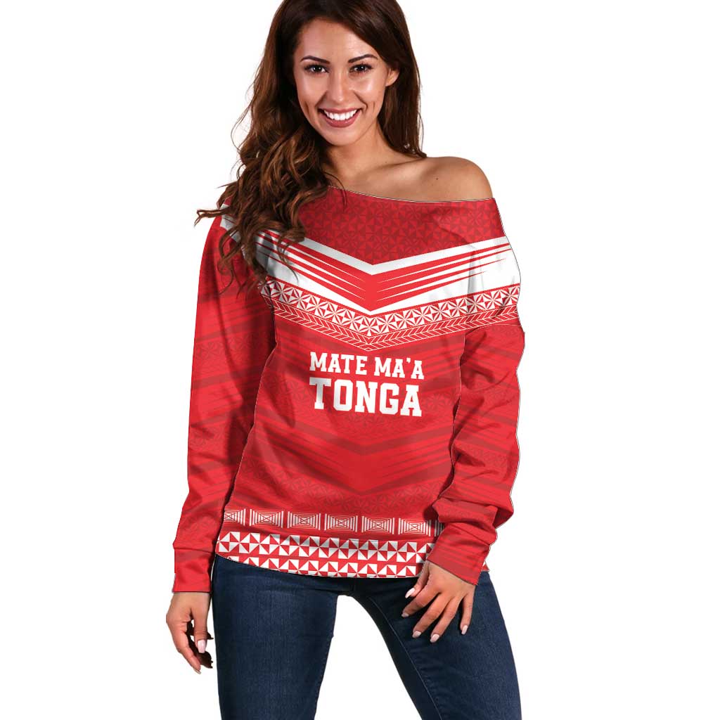 Custom Mate Ma'a Tonga Heritage Off Shoulder Sweater Pacific Tribal Rugby Red Edition LT9 Women Red - Polynesian Pride