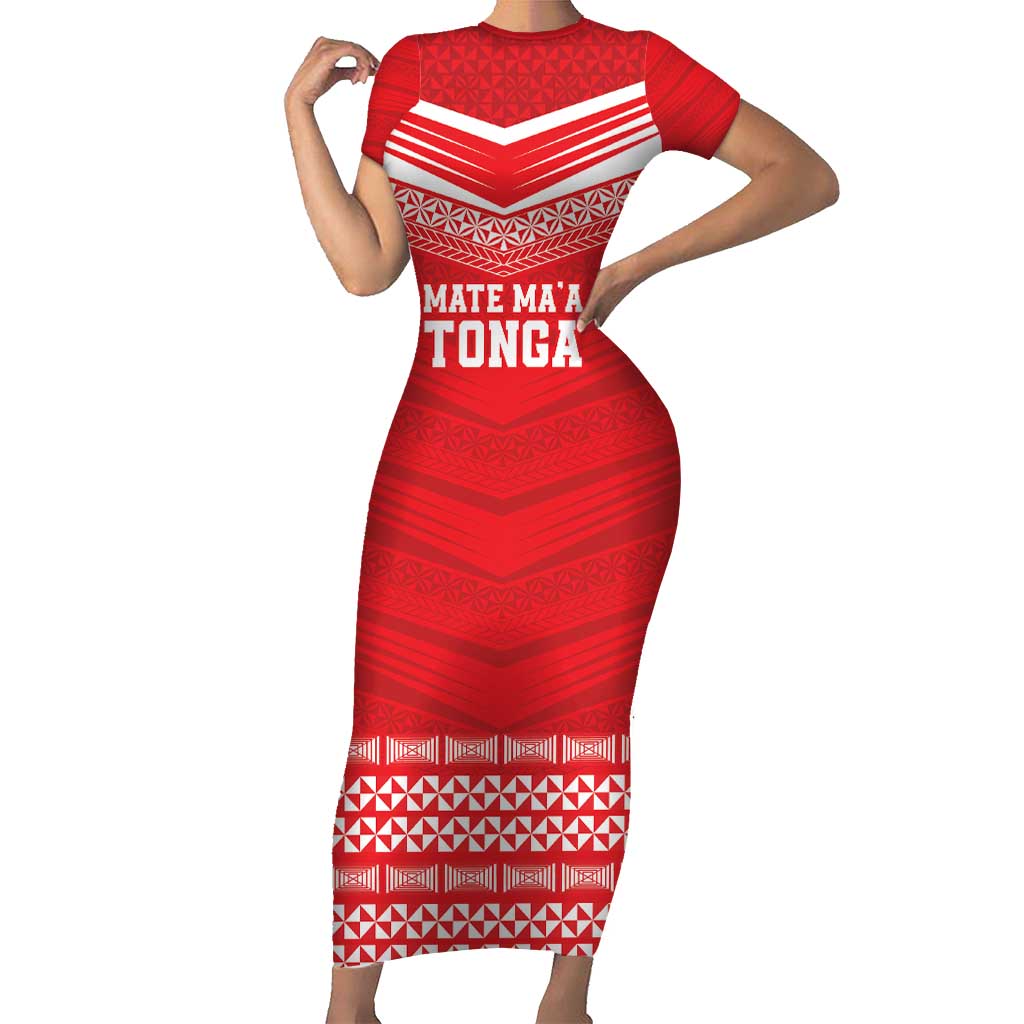 Custom Mate Ma'a Tonga Heritage Short Sleeve Bodycon Dress Pacific Tribal Rugby Red Edition LT9 Long Dress Red - Polynesian Pride