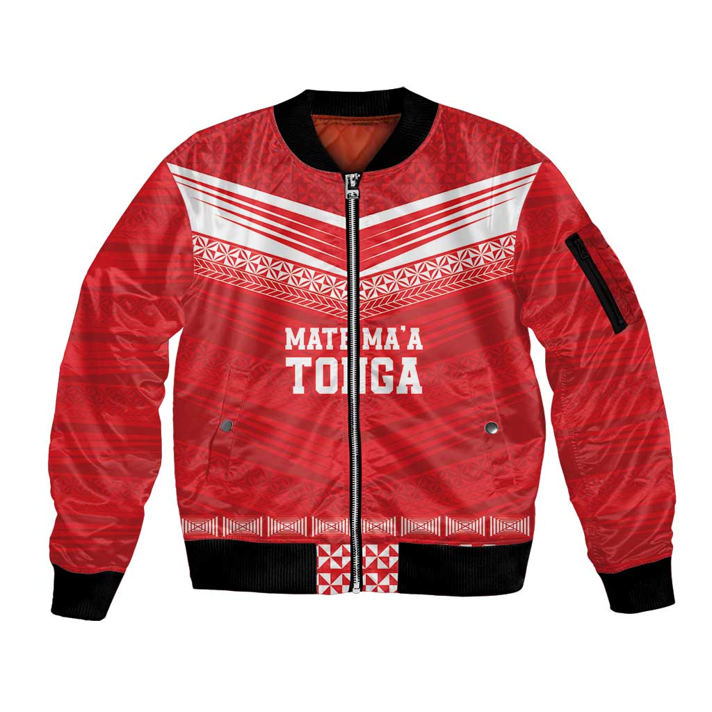 Custom Mate Ma'a Tonga Heritage Sleeve Zip Bomber Jacket Pacific Tribal Rugby Red Edition LT9 Unisex Red - Polynesian Pride