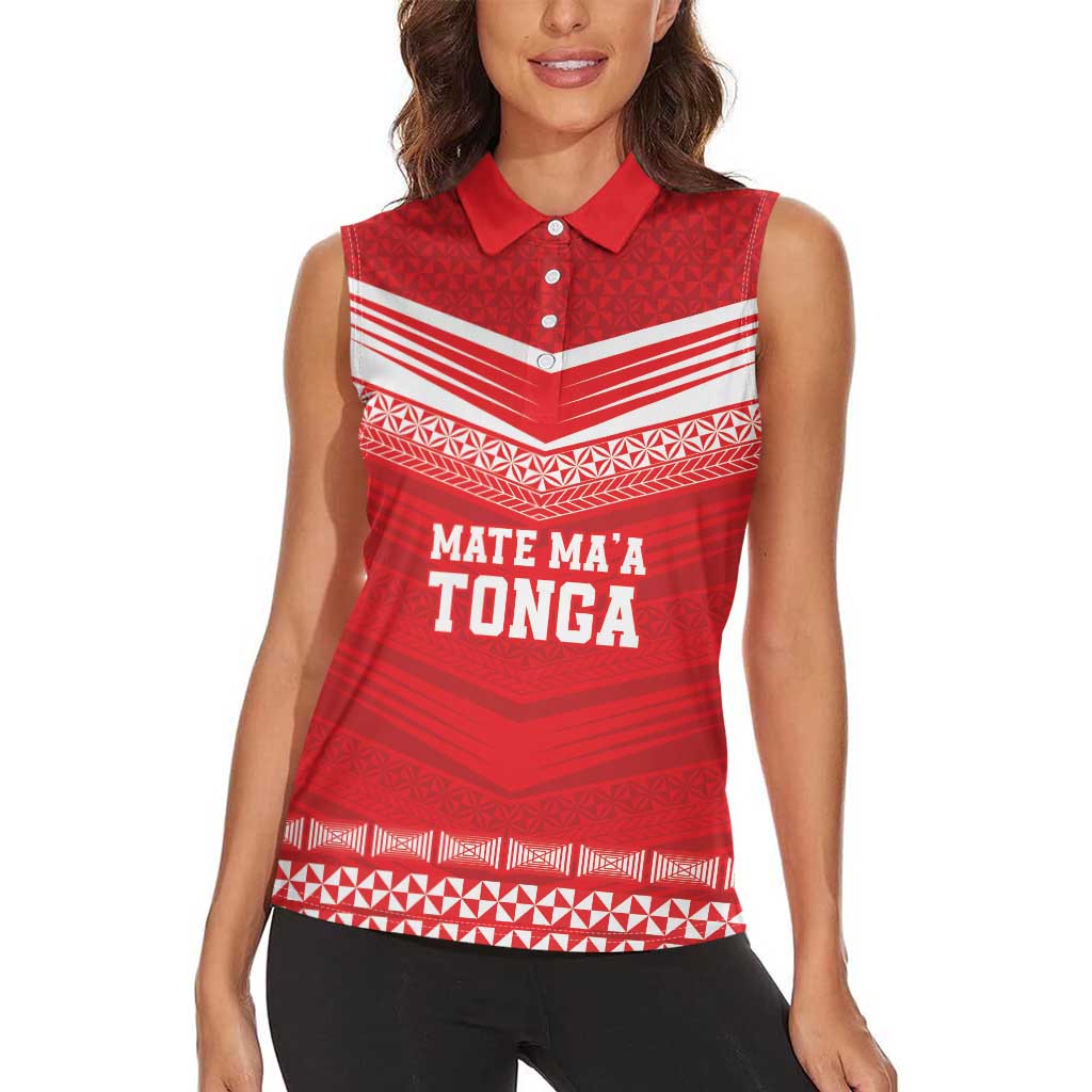 Custom Mate Ma'a Tonga Heritage Women Sleeveless Polo Shirt Pacific Tribal Rugby Red Edition LT9 - Polynesian Pride