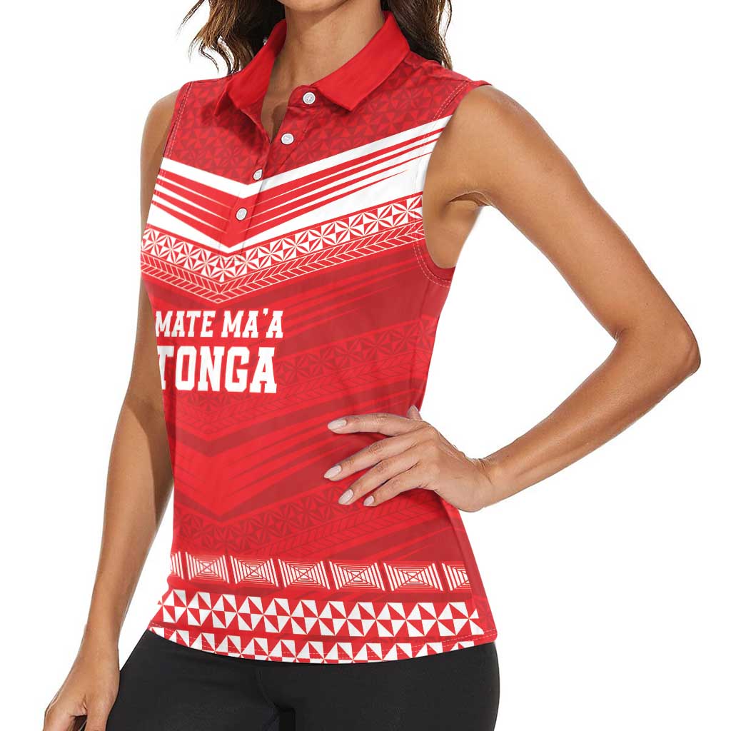 Custom Mate Ma'a Tonga Heritage Women Sleeveless Polo Shirt Pacific Tribal Rugby Red Edition LT9 - Polynesian Pride