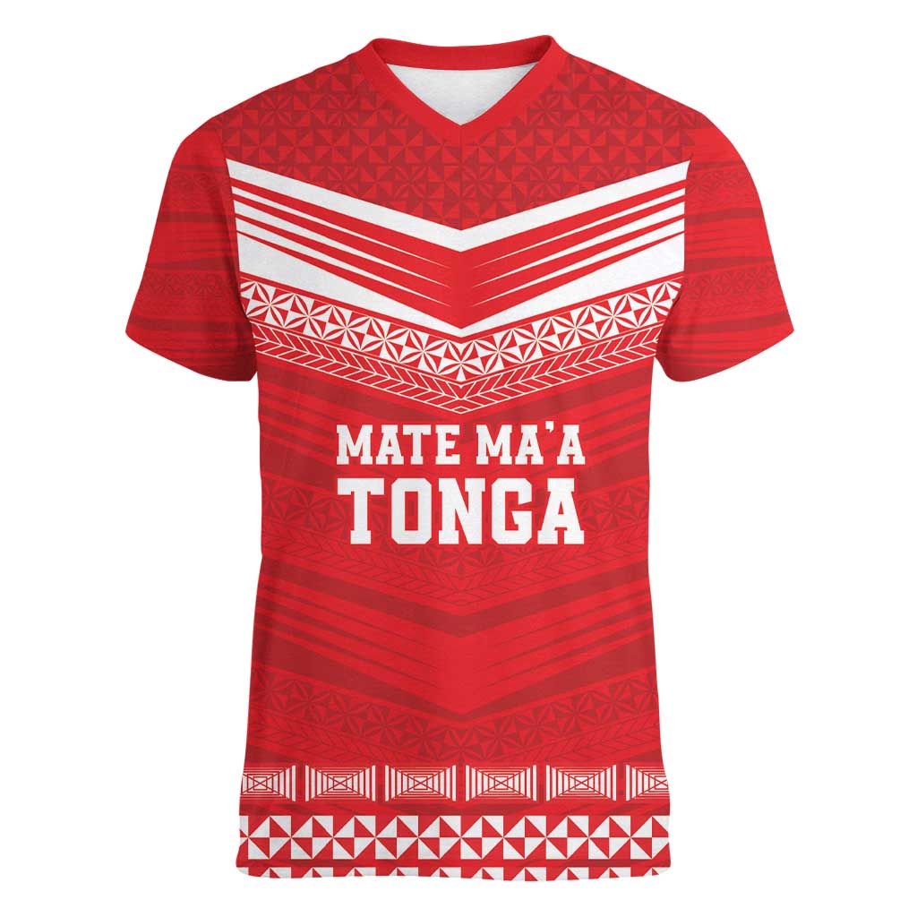 Custom Mate Ma'a Tonga Heritage Women V-Neck T-Shirt Pacific Tribal Rugby Red Edition - Polynesian Pride