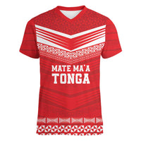 Custom Mate Ma'a Tonga Heritage Women V-Neck T-Shirt Pacific Tribal Rugby Red Edition LT9 Female Red - Polynesian Pride