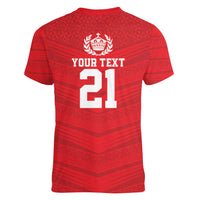 Custom Mate Ma'a Tonga Heritage Women V-Neck T-Shirt Pacific Tribal Rugby Red Edition LT9 - Polynesian Pride