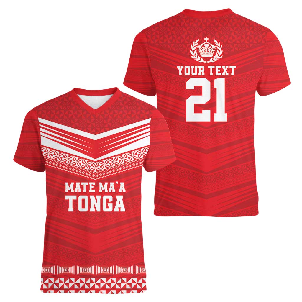 Custom Mate Ma'a Tonga Heritage Women V-Neck T-Shirt Pacific Tribal Rugby Red Edition LT9 - Polynesian Pride