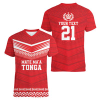 Custom Mate Ma'a Tonga Heritage Women V-Neck T-Shirt Pacific Tribal Rugby Red Edition LT9 - Polynesian Pride