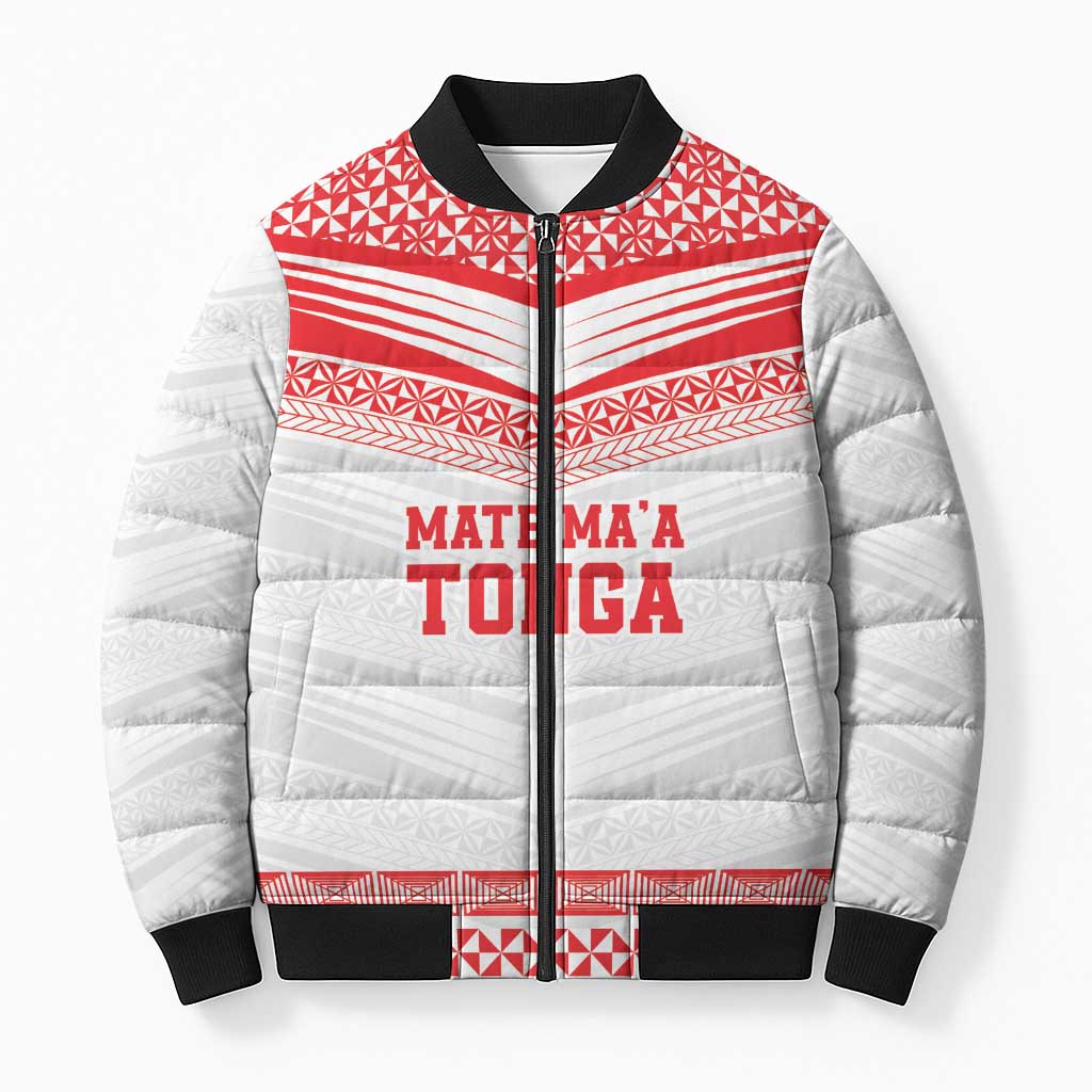 Custom Mate Ma'a Tonga Heritage Bomber Puffer Jacket Pacific Tribal Rugby White Edition - Polynesian Pride