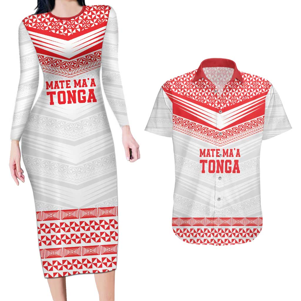 Custom Mate Ma'a Tonga Heritage Couples Matching Long Sleeve Bodycon Dress and Hawaiian Shirt Pacific Tribal Rugby White Edition - Polynesian Pride