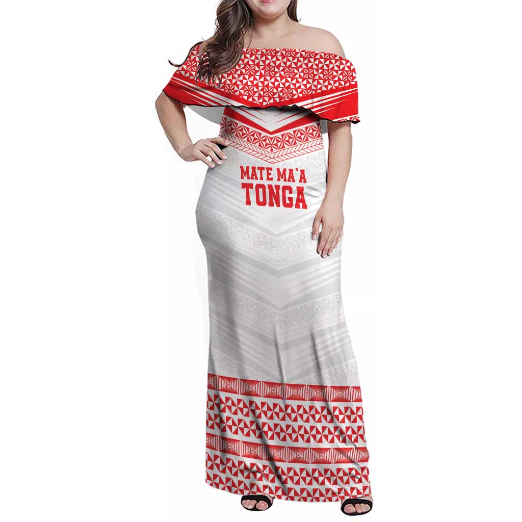 Custom Mate Ma'a Tonga Heritage Family Matching Off Shoulder Maxi Dress and Hawaiian Shirt Pacific Tribal Rugby White Edition - Polynesian Pride