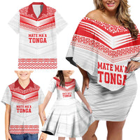 Custom Mate Ma'a Tonga Heritage Family Matching Off Shoulder Short Dress and Hawaiian Shirt Pacific Tribal Rugby White Edition - Polynesian Pride