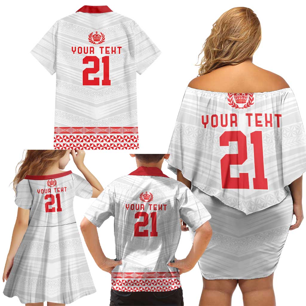 Custom Mate Ma'a Tonga Heritage Family Matching Off Shoulder Short Dress and Hawaiian Shirt Pacific Tribal Rugby White Edition - Polynesian Pride