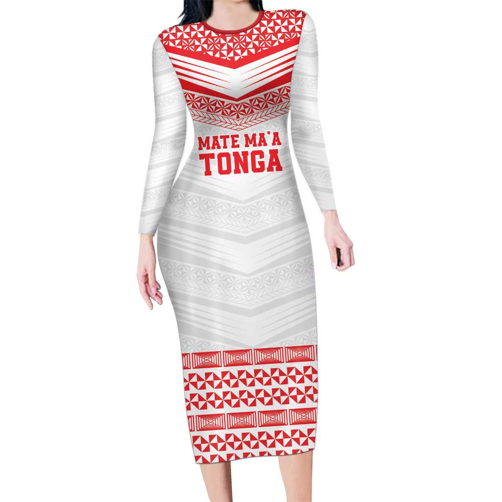 Custom Mate Ma'a Tonga Heritage Long Sleeve Bodycon Dress Pacific Tribal Rugby White Edition LT9 Long Dress White - Polynesian Pride