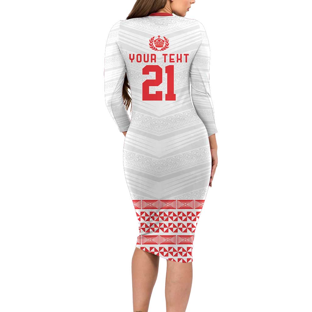 Custom Mate Ma'a Tonga Heritage Long Sleeve Bodycon Dress Pacific Tribal Rugby White Edition LT9 - Polynesian Pride