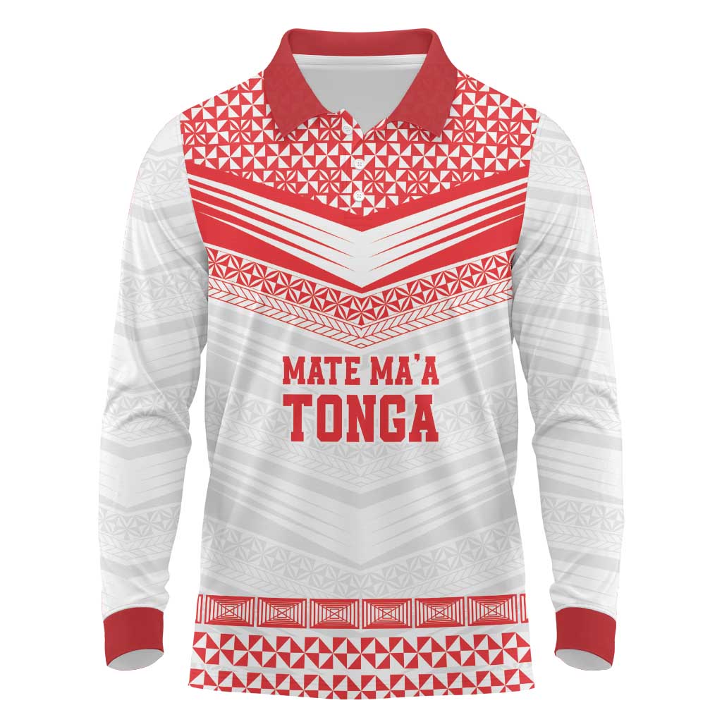Custom Mate Ma'a Tonga Heritage Long Sleeve Polo Shirt Pacific Tribal Rugby White Edition LT9 White - Polynesian Pride