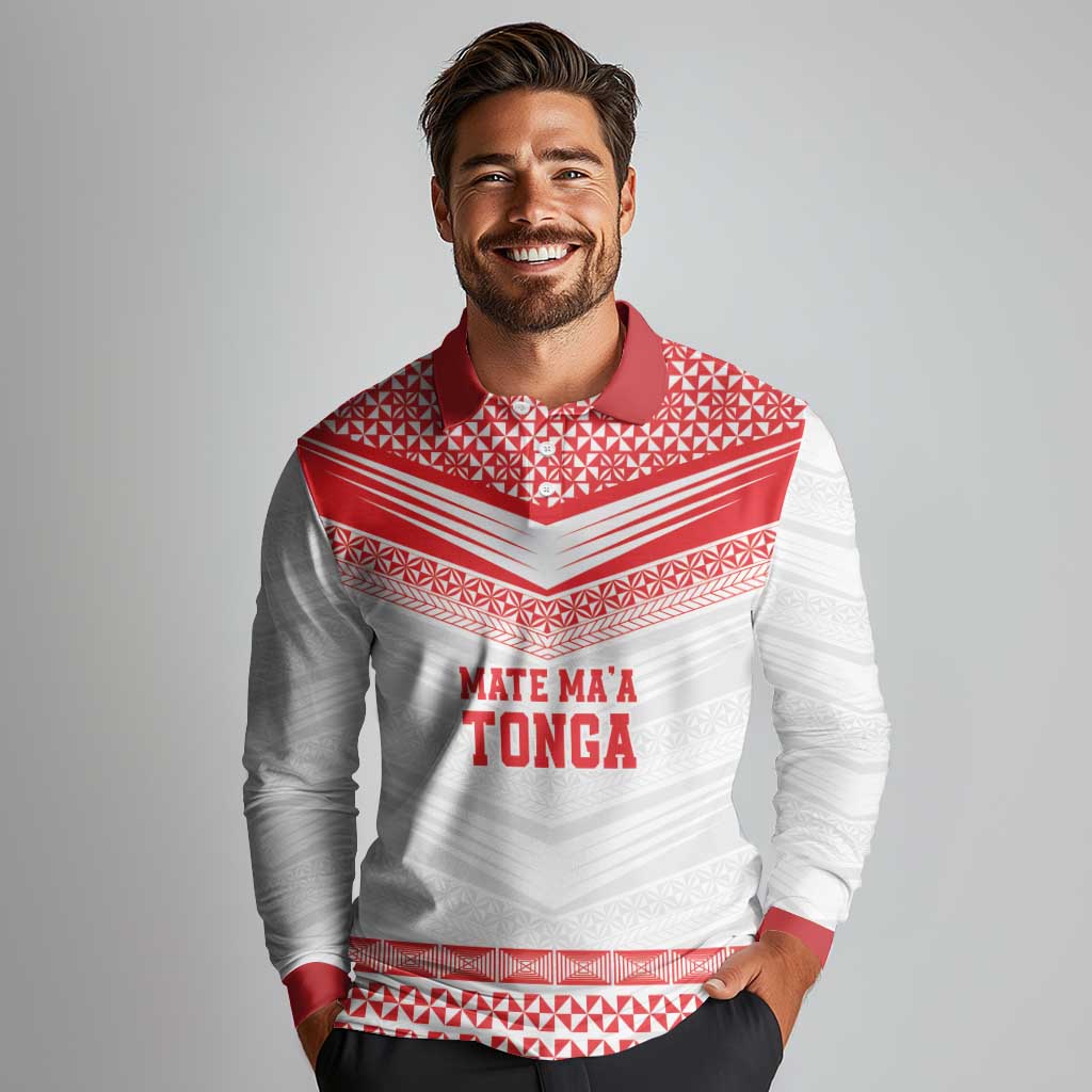 Custom Mate Ma'a Tonga Heritage Long Sleeve Polo Shirt Pacific Tribal Rugby White Edition LT9 - Polynesian Pride