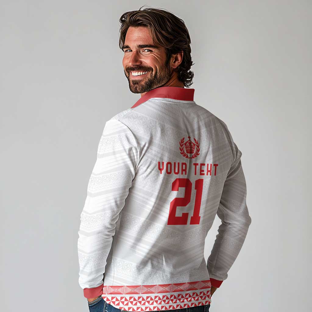 Custom Mate Ma'a Tonga Heritage Long Sleeve Polo Shirt Pacific Tribal Rugby White Edition LT9 - Polynesian Pride
