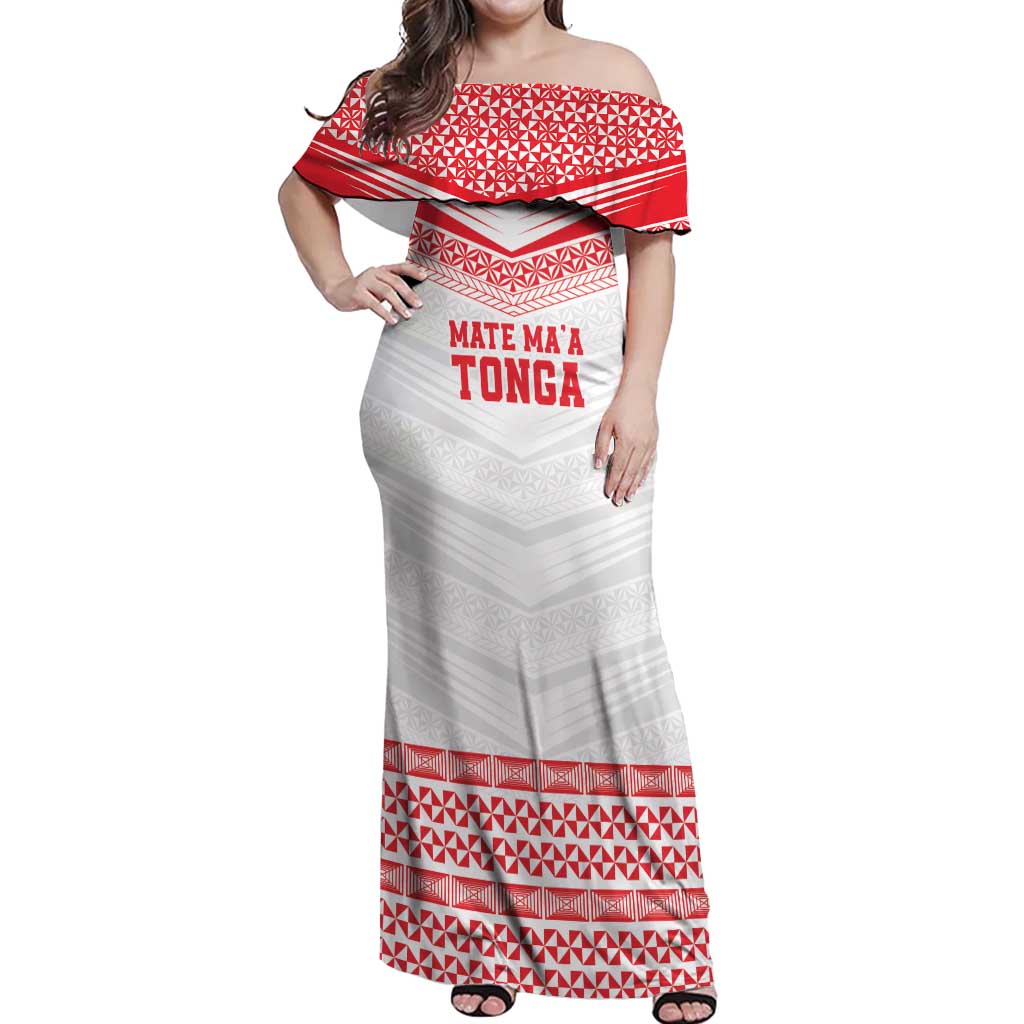 Custom Mate Ma'a Tonga Heritage Off Shoulder Maxi Dress Pacific Tribal Rugby White Edition LT9 Women White - Polynesian Pride