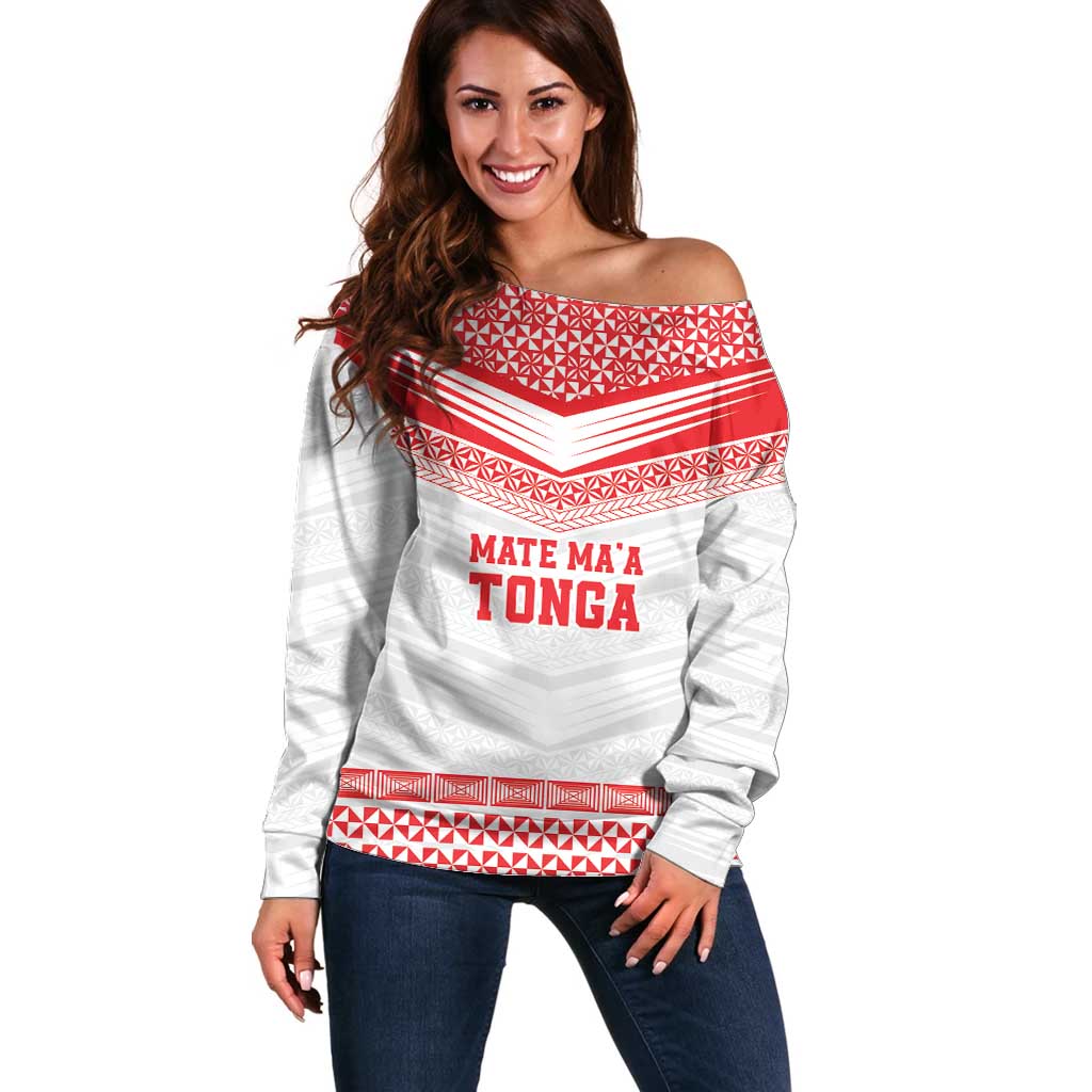 Custom Mate Ma'a Tonga Heritage Off Shoulder Sweater Pacific Tribal Rugby White Edition - Polynesian Pride