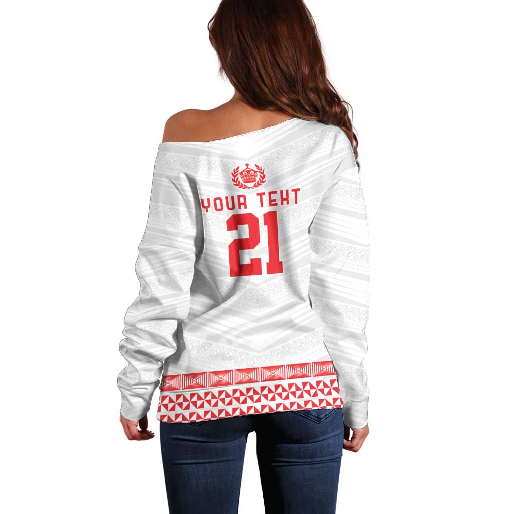 Custom Mate Ma'a Tonga Heritage Off Shoulder Sweater Pacific Tribal Rugby White Edition LT9 - Polynesian Pride