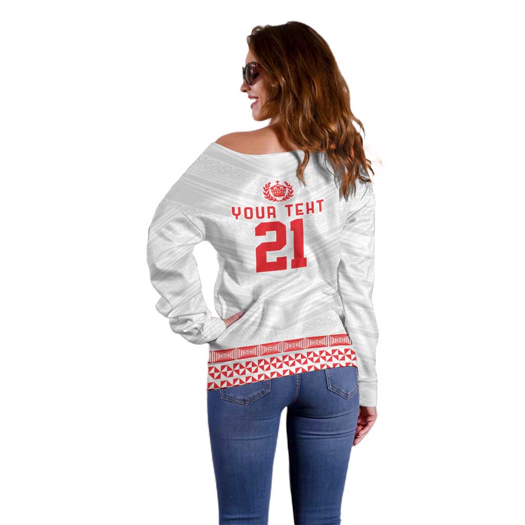 Custom Mate Ma'a Tonga Heritage Off Shoulder Sweater Pacific Tribal Rugby White Edition LT9 - Polynesian Pride