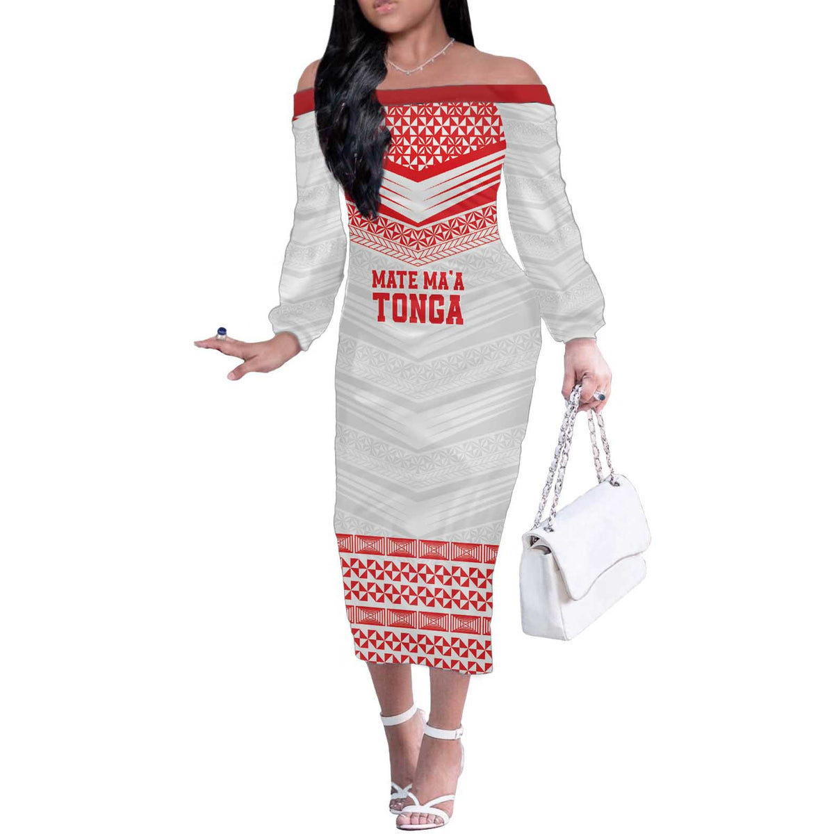 Custom Mate Ma'a Tonga Heritage Off The Shoulder Long Sleeve Dress Pacific Tribal Rugby White Edition LT9 Women White - Polynesian Pride