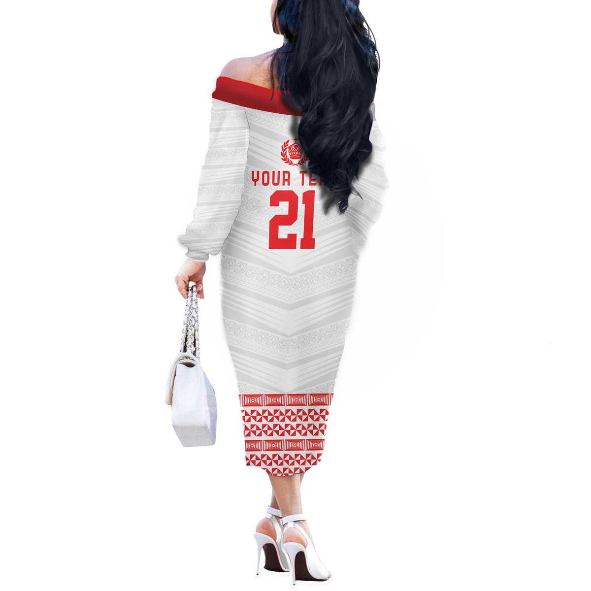 Custom Mate Ma'a Tonga Heritage Off The Shoulder Long Sleeve Dress Pacific Tribal Rugby White Edition LT9 - Polynesian Pride