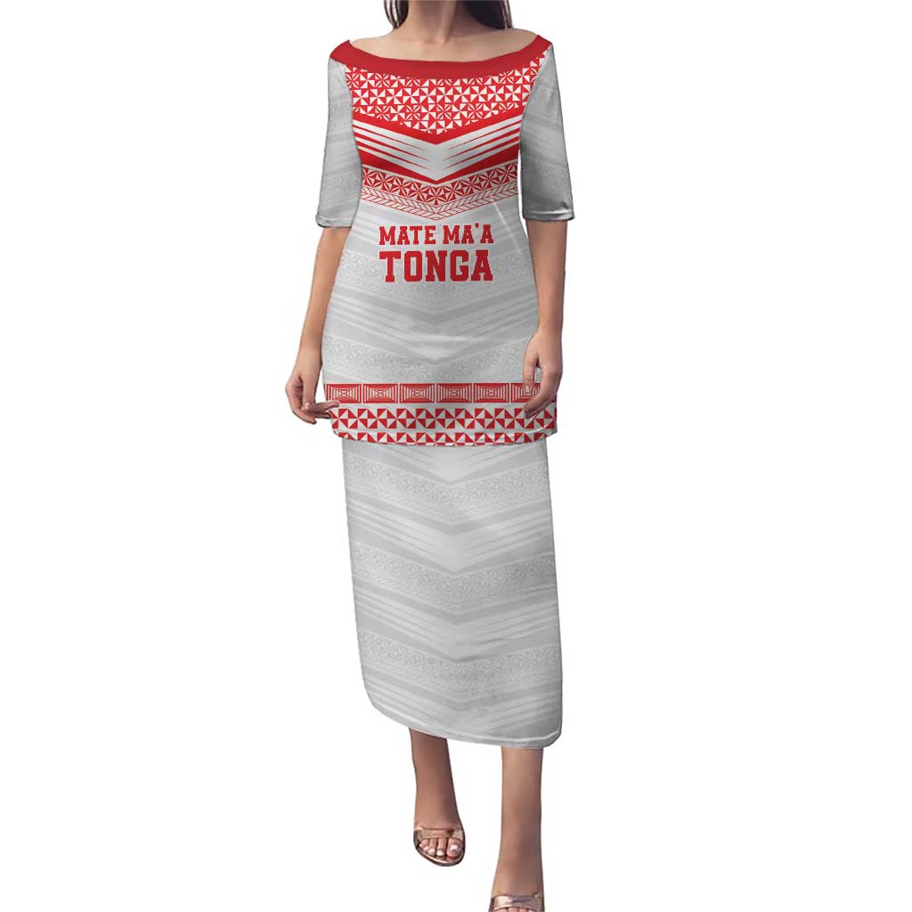 Custom Mate Ma'a Tonga Heritage Puletasi Pacific Tribal Rugby White Edition LT9 Long Dress White - Polynesian Pride