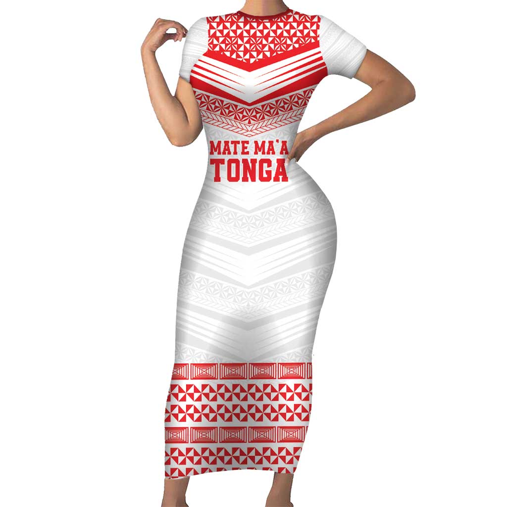 Custom Mate Ma'a Tonga Heritage Short Sleeve Bodycon Dress Pacific Tribal Rugby White Edition LT9 Long Dress White - Polynesian Pride