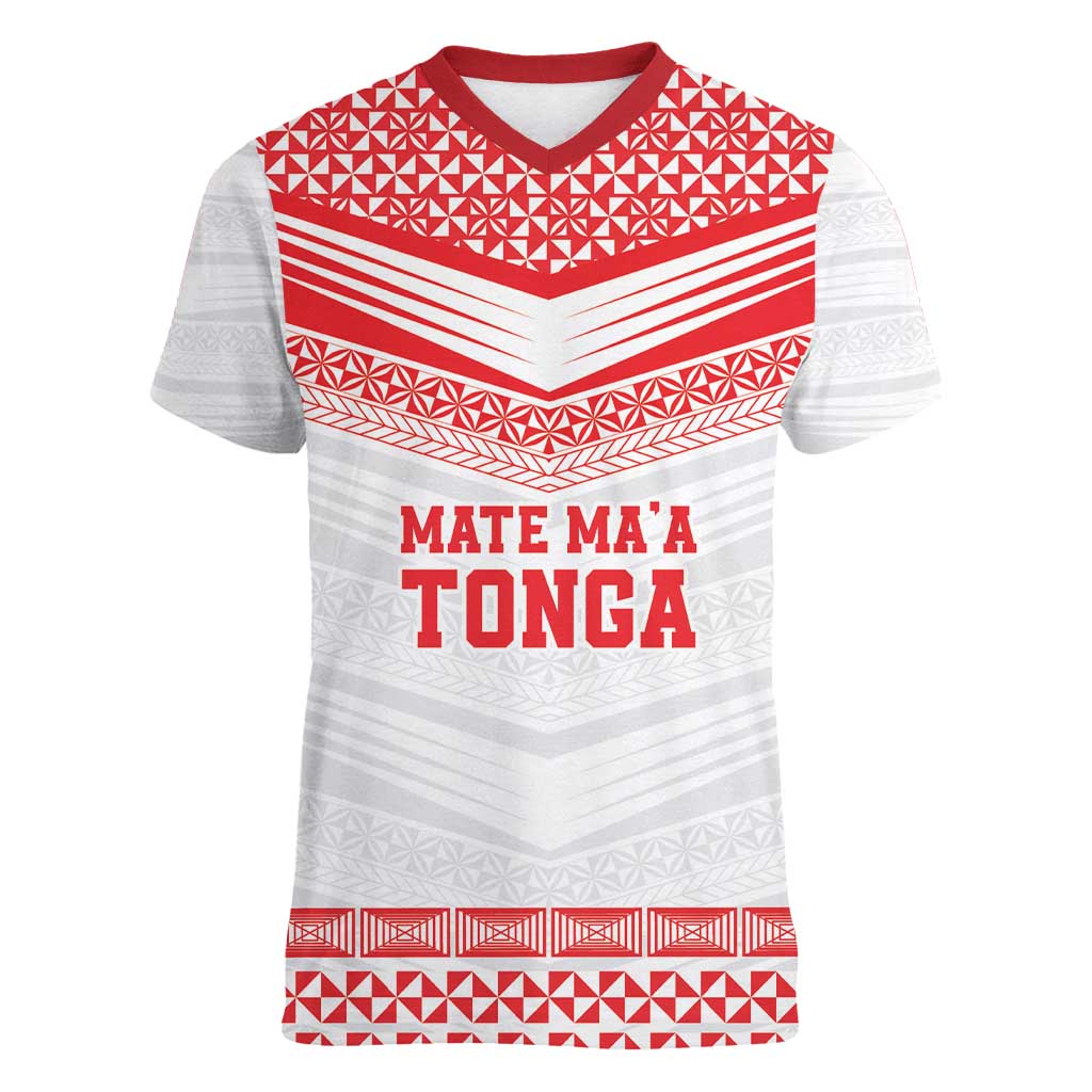 Custom Mate Ma'a Tonga Heritage Women V-Neck T-Shirt Pacific Tribal Rugby White Edition LT9 Female White - Polynesian Pride