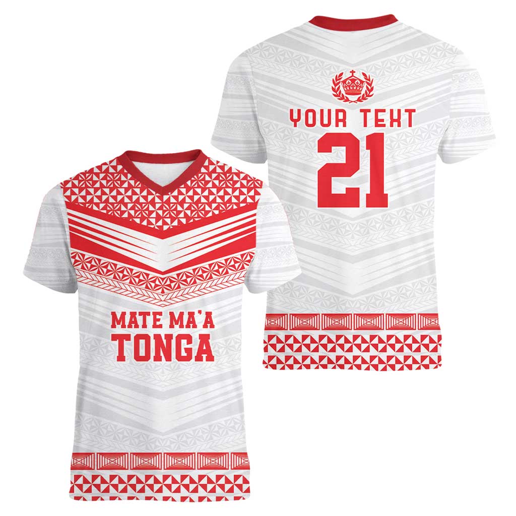 Custom Mate Ma'a Tonga Heritage Women V-Neck T-Shirt Pacific Tribal Rugby White Edition LT9 - Polynesian Pride