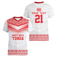 Custom Mate Ma'a Tonga Heritage Women V-Neck T-Shirt Pacific Tribal Rugby White Edition LT9 - Polynesian Pride