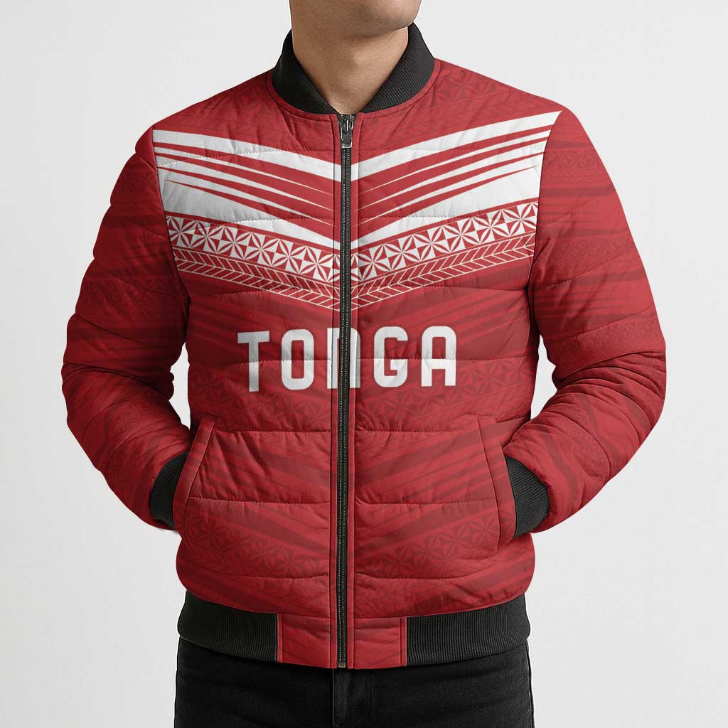 Custom Pacific Rugby Spirit Bomber Puffer Jacket Tonga Ngatu Pride Red Edition - Polynesian Pride