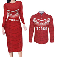 Custom Pacific Rugby Spirit Couples Matching Long Sleeve Bodycon Dress and Long Sleeve Button Shirt Tonga Ngatu Pride Red Edition - Polynesian Pride