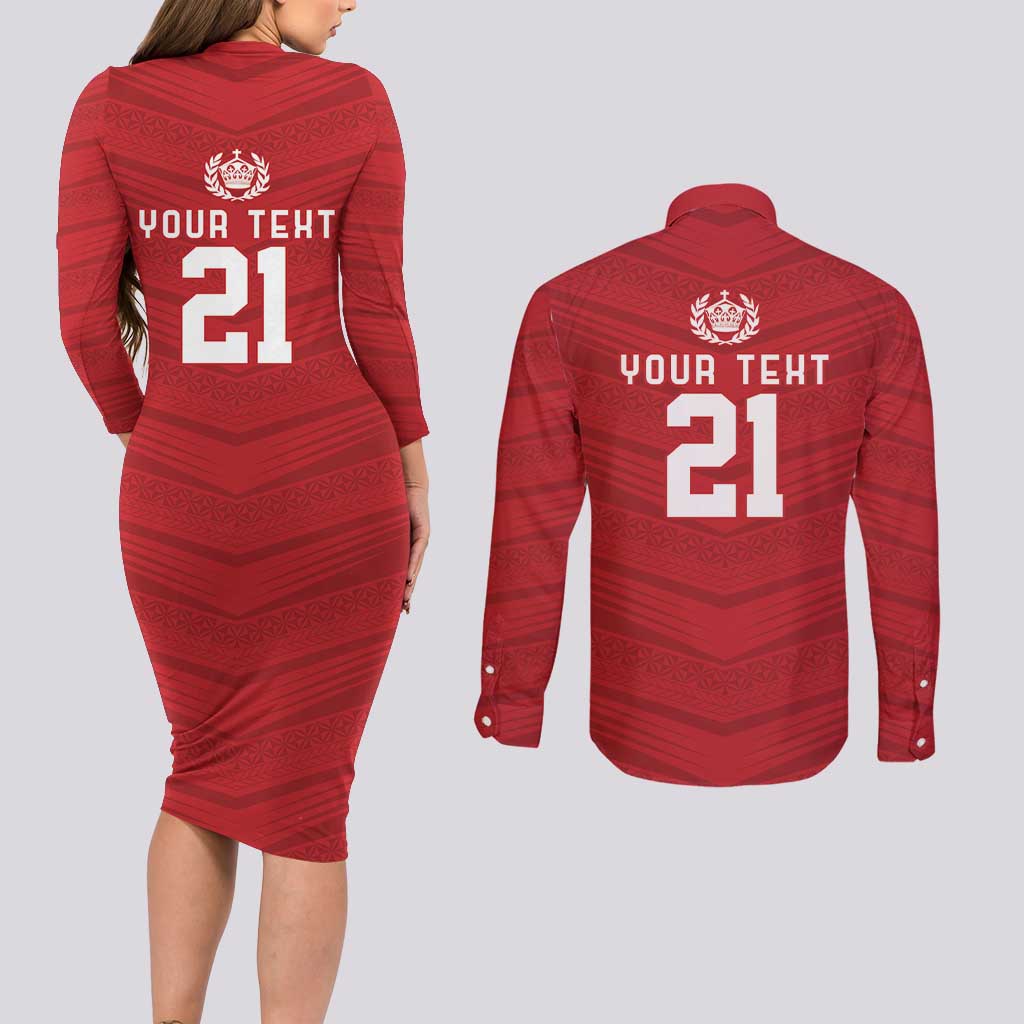 Custom Pacific Rugby Spirit Couples Matching Long Sleeve Bodycon Dress and Long Sleeve Button Shirt Tonga Ngatu Pride Red Edition - Polynesian Pride