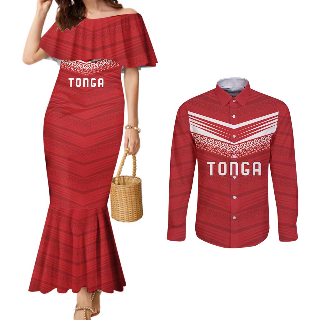Custom Pacific Rugby Spirit Couples Matching Mermaid Dress and Long Sleeve Button Shirt Tonga Ngatu Pride Red Edition - Polynesian Pride