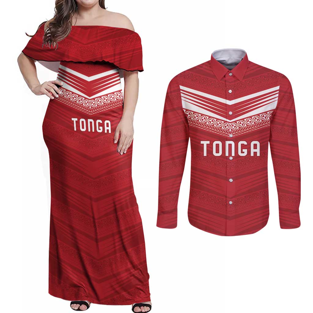 Custom Pacific Rugby Spirit Couples Matching Off Shoulder Maxi Dress and Long Sleeve Button Shirt Tonga Ngatu Pride Red Edition - Polynesian Pride