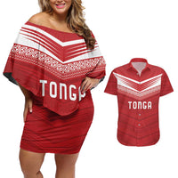 Custom Pacific Rugby Spirit Couples Matching Off Shoulder Short Dress and Hawaiian Shirt Tonga Ngatu Pride Red Edition - Polynesian Pride