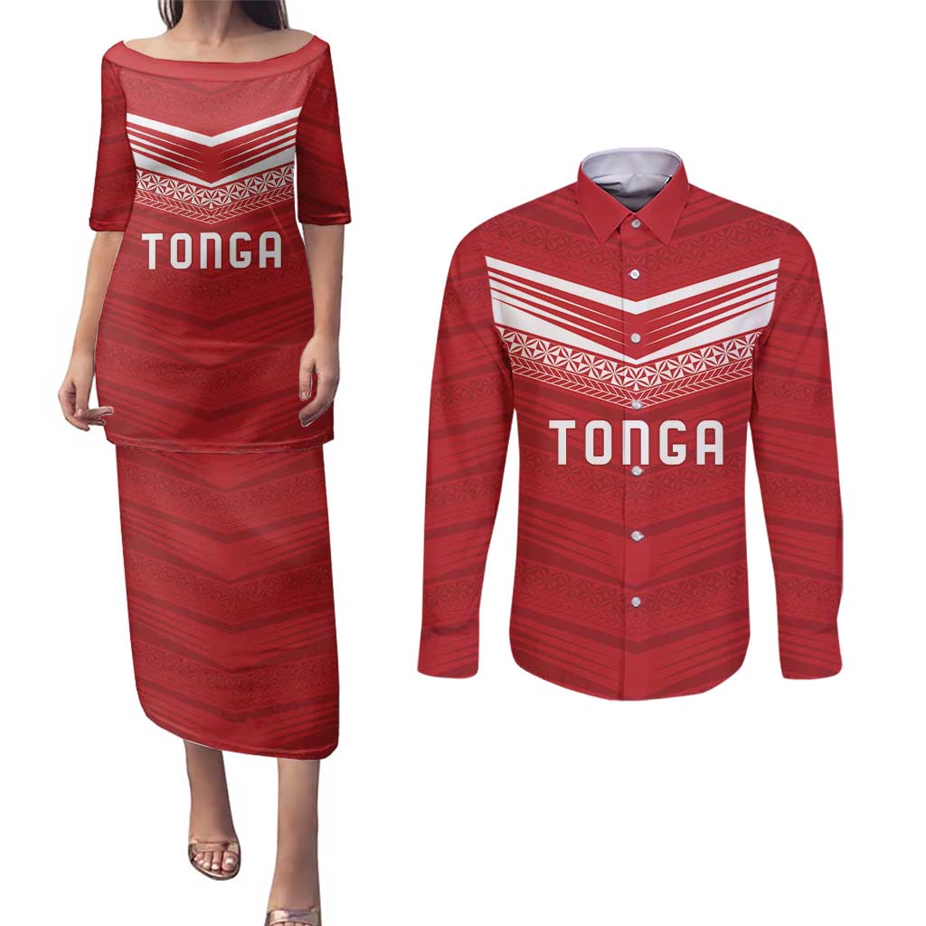 Custom Pacific Rugby Spirit Couples Matching Puletasi and Long Sleeve Button Shirt Tonga Ngatu Pride Red Edition - Polynesian Pride